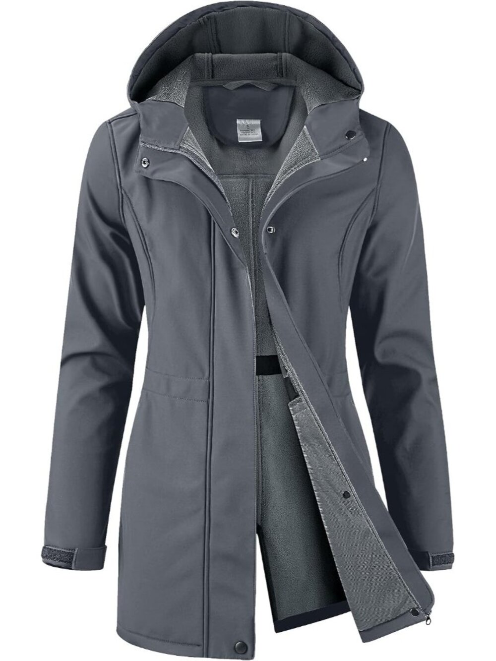 Women's Grey Hooded Fleece Lined Waterproof Hiking Softshell Long Rain Jacket